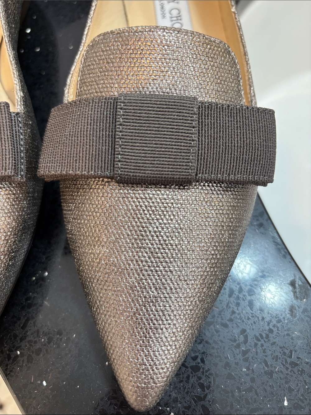 NWOT Jimmy Choo Metallic Bronze Pointed Flats with Grosgrain Bow - Picture 2 of 7